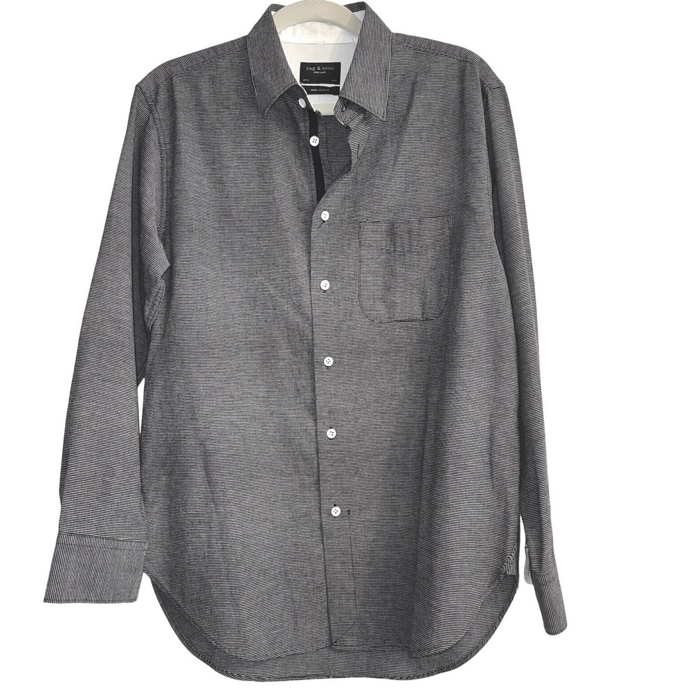 Rag & Bone Dress Shirt Linen Blend Button  Long Sl Casual Men Small Black Stripe